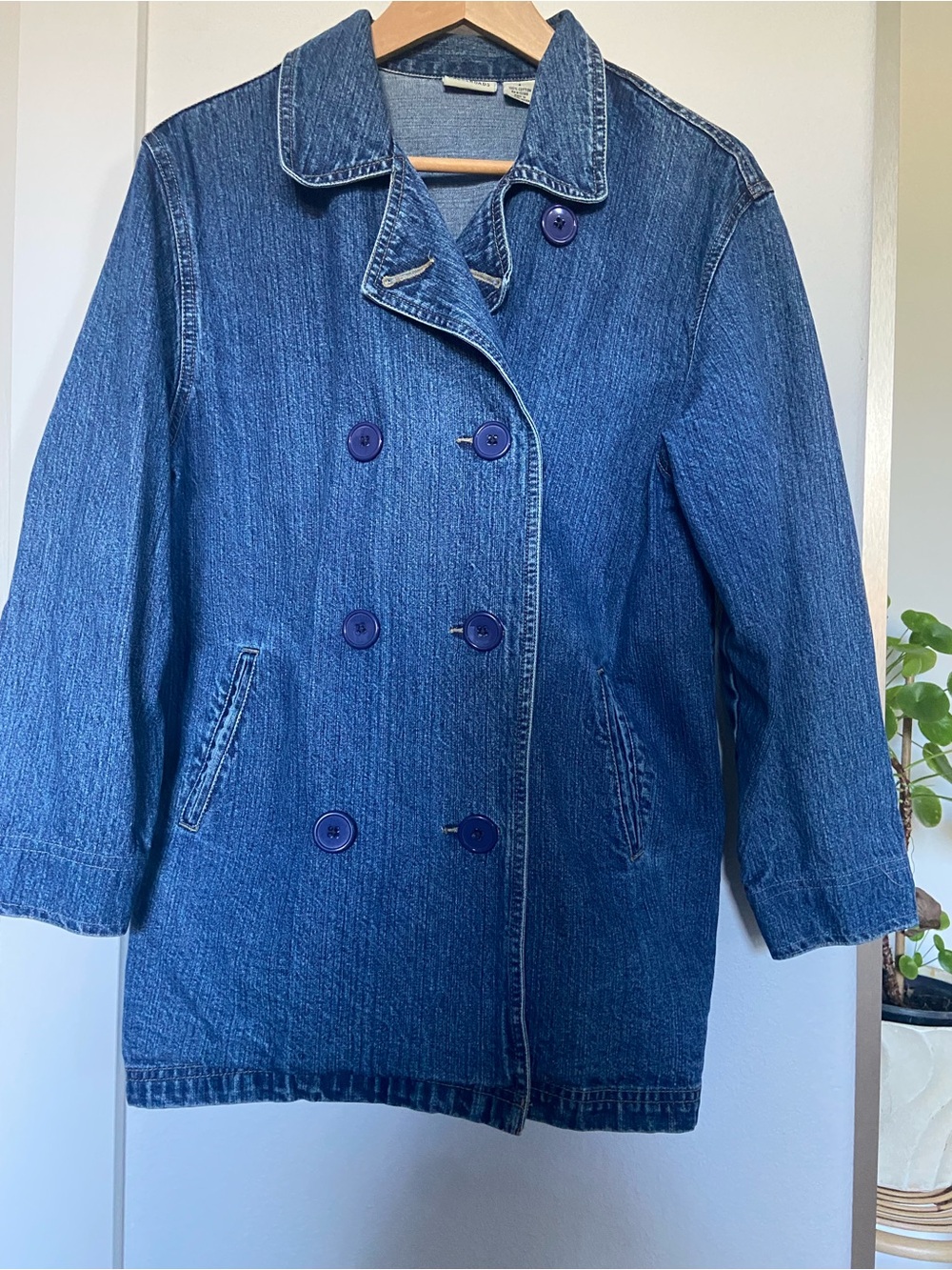 Vintage Blue Double-Breasted Oversized Denim Jacket 100% Cotton